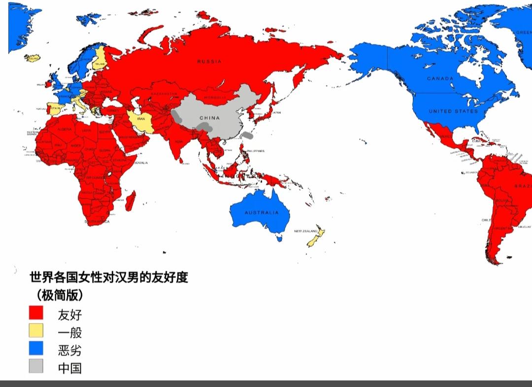 这张图用颜色显示各国对男性的友好度。