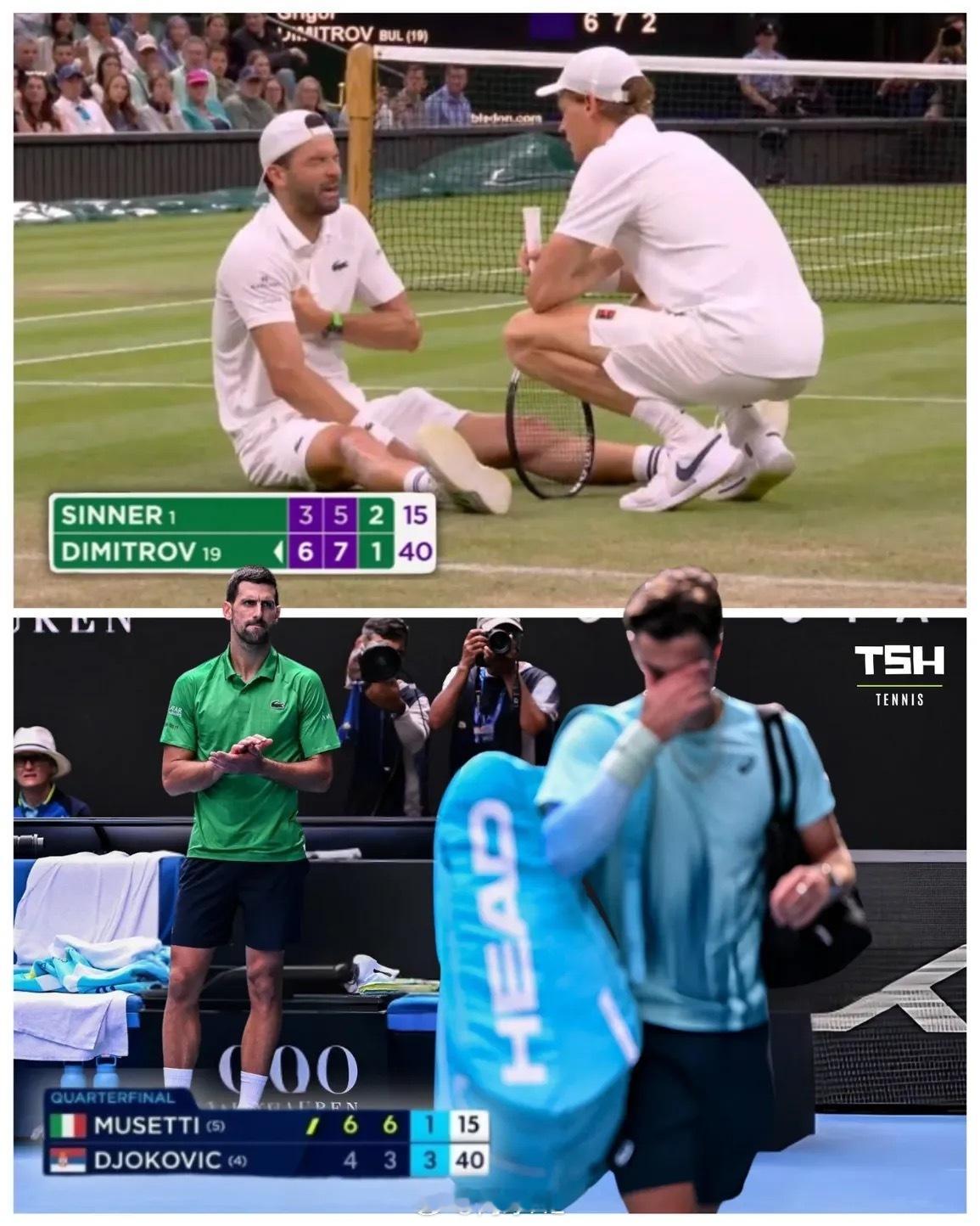 去年温网，迪米2-0领先辛纳，胸肌撕裂含泪退赛今年澳网，穆塞蒂2-0领先德约，大