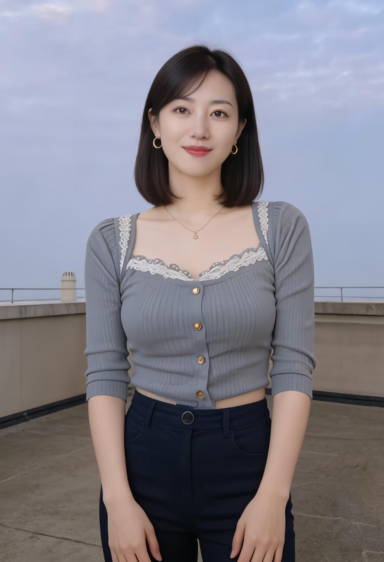 暮色从山坳里漫上来，漫过她的眉峰，漫过蕾丝的白。金链坠在颈间，像一颗不肯熄灭