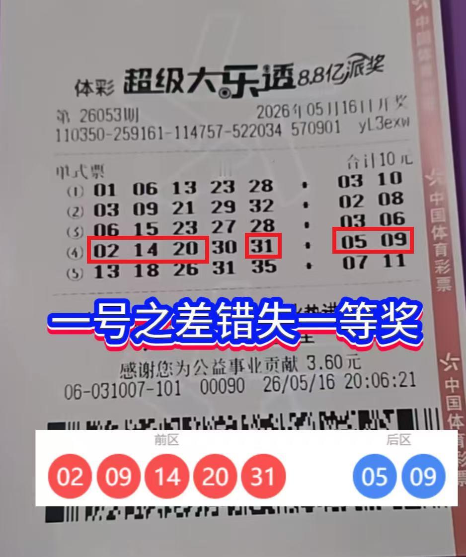 一号之差，憾失头奖！大乐透26053期的遗憾瞬间。2026年5月16日，大乐