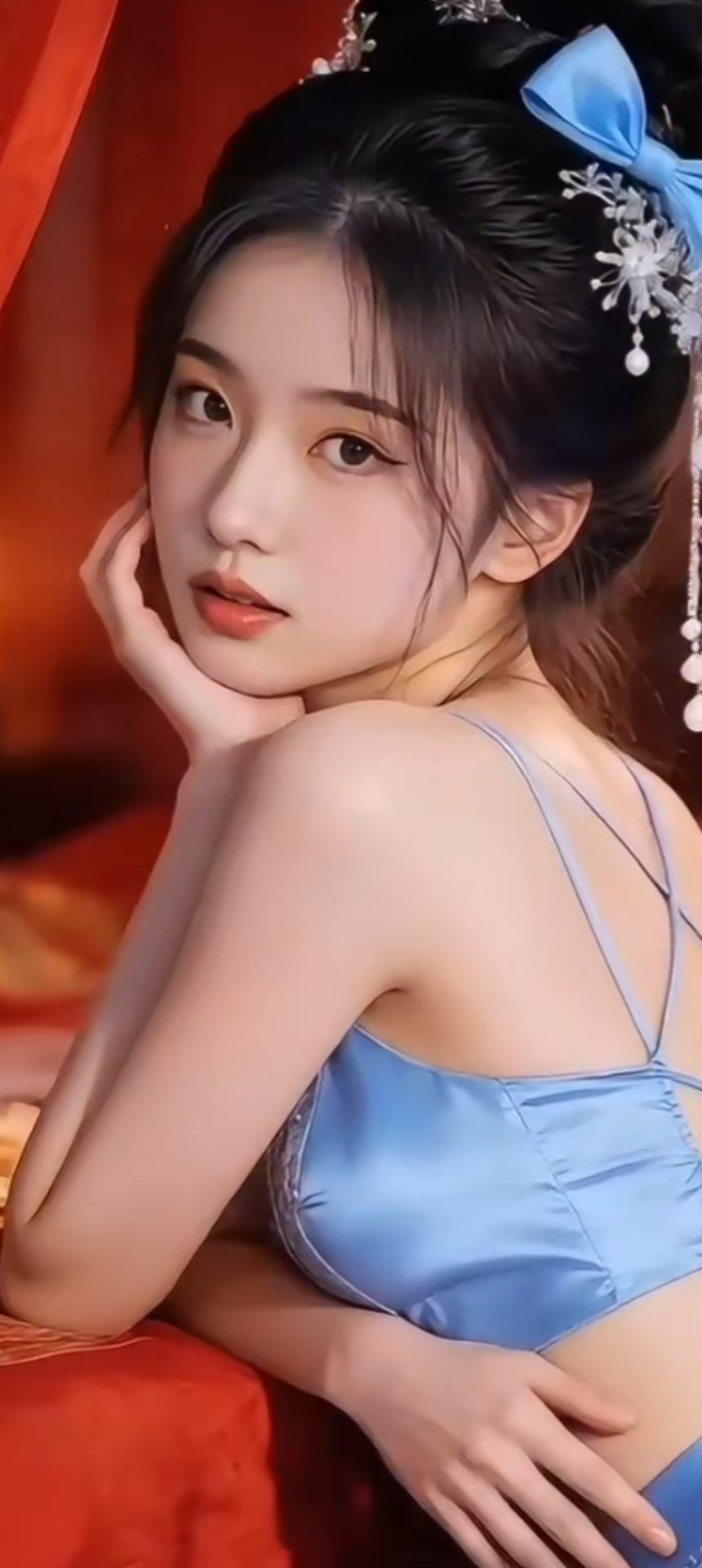“古风少女，蓝衣飘飘，红帘映衬，韵味十足”🌸💙🔴