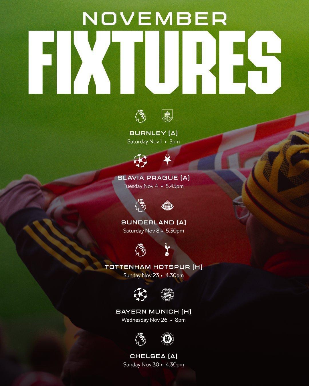 阿森纳11月赛程安排👇阿森纳英超联赛欧冠​​​