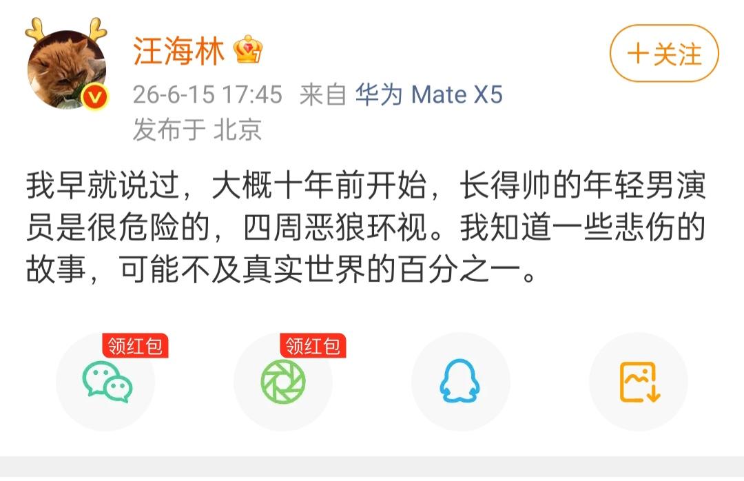 汪海林谈长得帅的年轻男演员。6月15日，汪海林发文称，他在十年前已经强调这句话