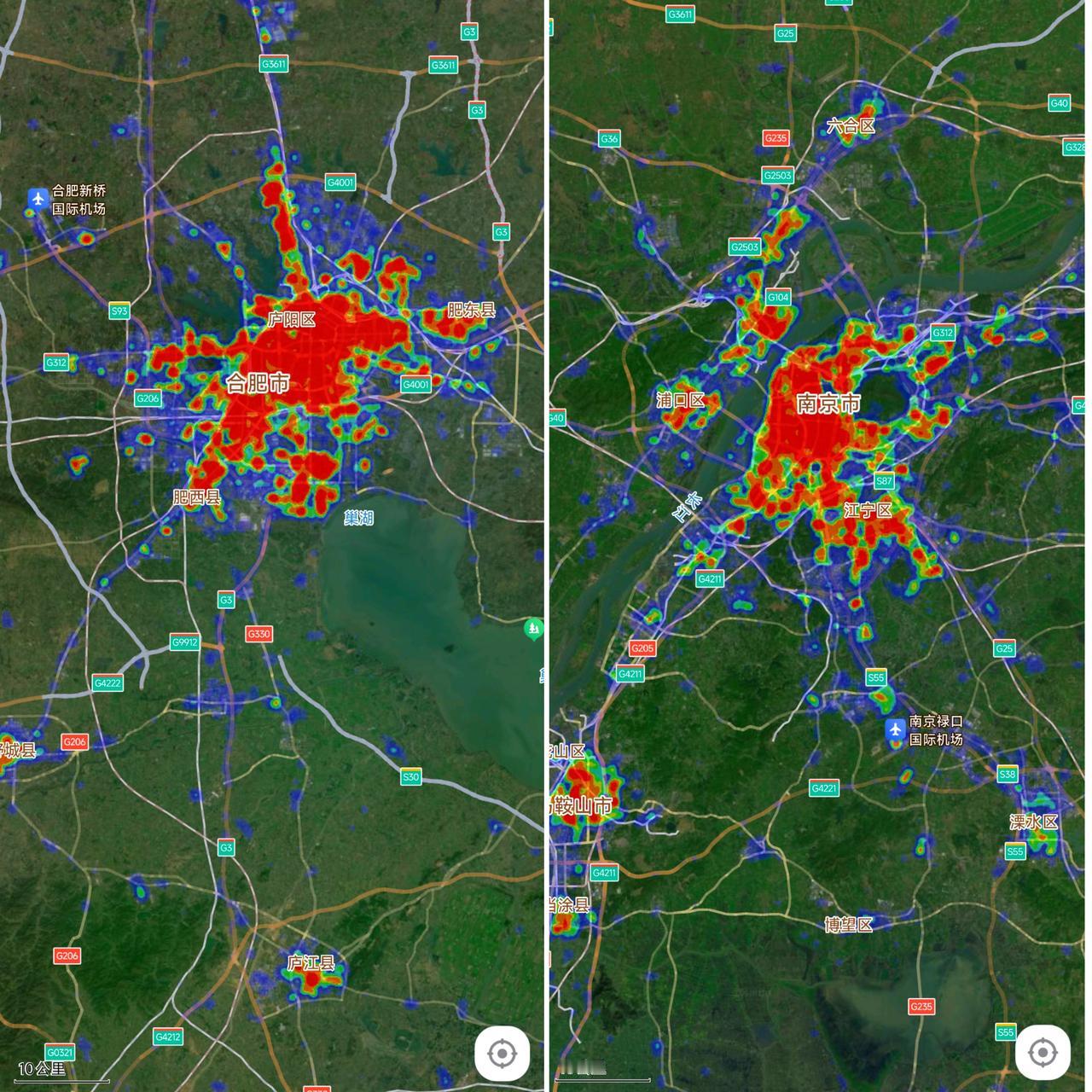 从城市热力图看合肥红色区域面积大于南京，合肥的蓝色区域面积小于南京。从这个细节可