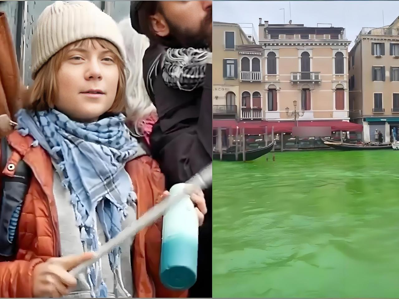 【格蕾塔威尼斯染绿运河，遭警方驱逐并罚款！】意大利威尼斯的大运河竟一夜之间变