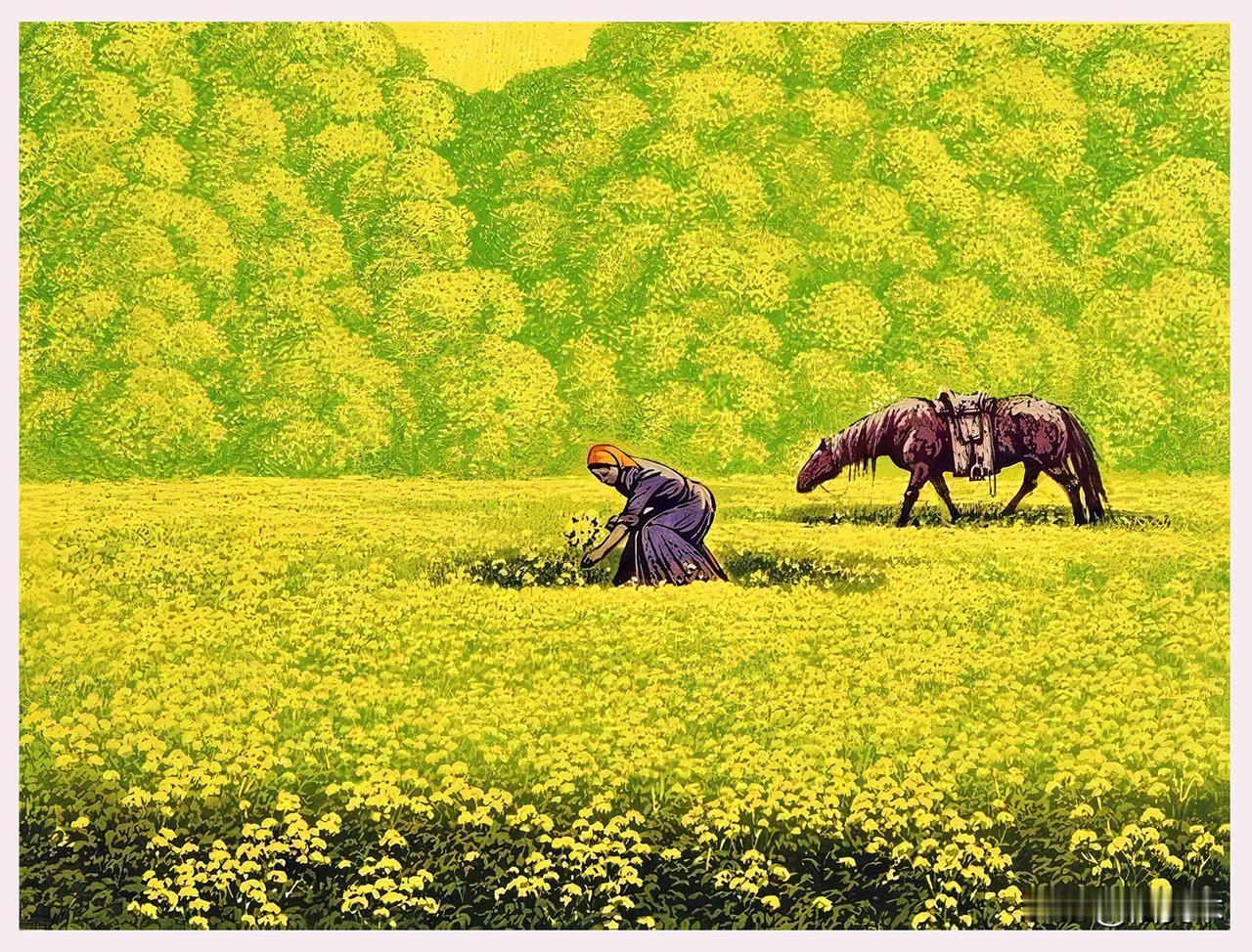北大荒版画里的夏日草原，漫山黄花漫山温柔老版画北大荒《夏日》张祯麒20