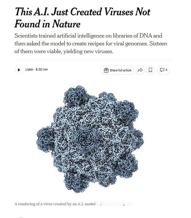 科学家们首次利用人工智能设计出全新的病毒，这标志着合成生物学领域的一项重大突破，