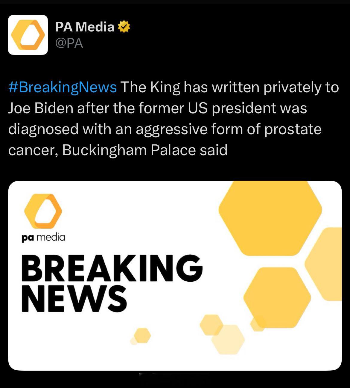 英国王室据消息，自从JoeBiden宣布患有恶性前列腺癌（癌细胞已