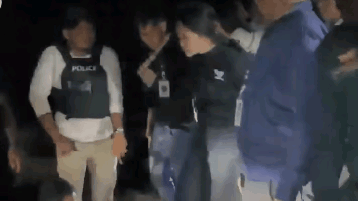 另一视频里柬埔寨抓捕在逃犯的现场，这个姑娘头发被人紧紧抓着、上着背铐，和其他男囚