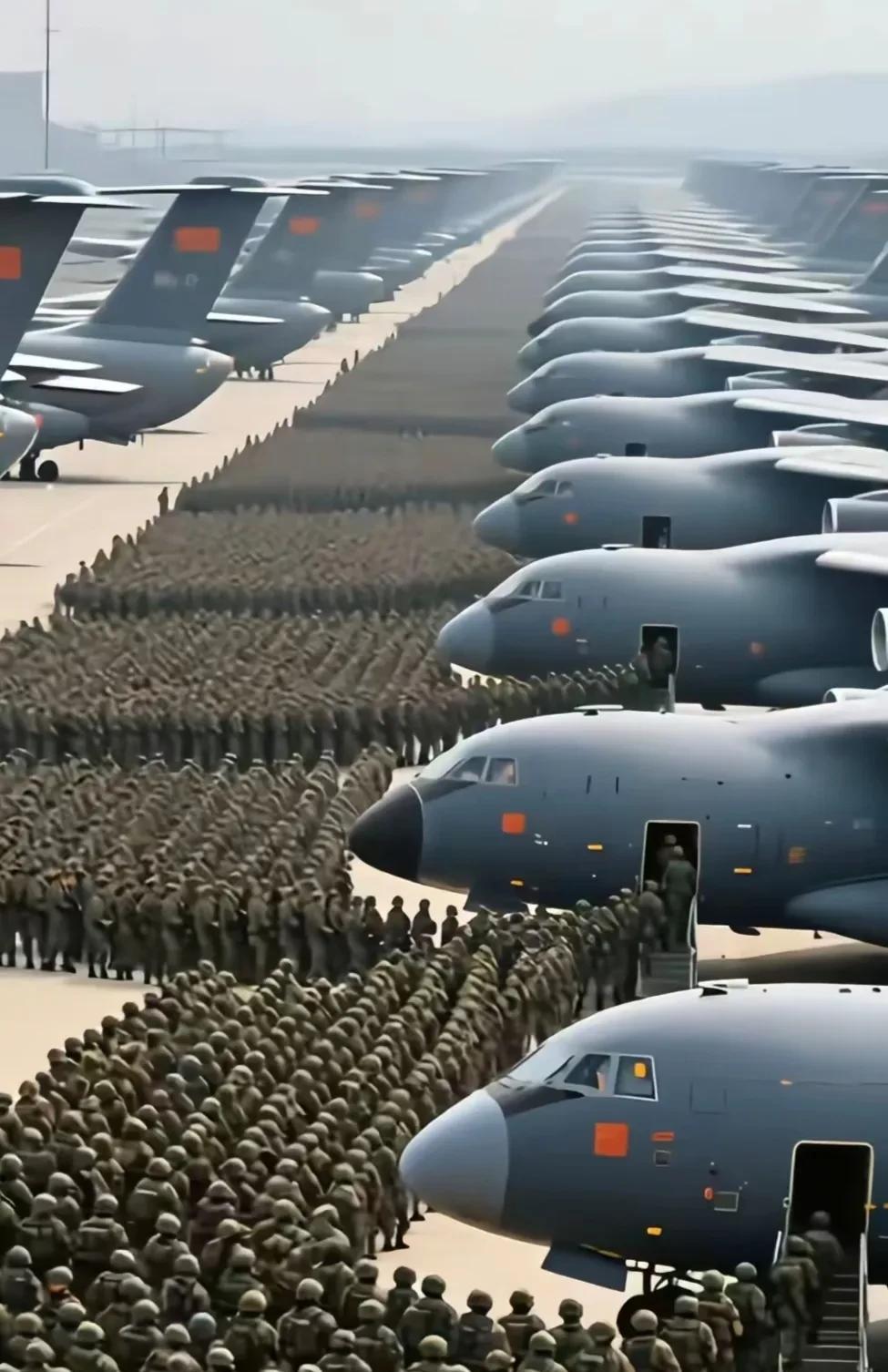 解放军航空兵正在集结，准备登机！停机坪上排开一架接一架战机。伞兵们如涌动的钢铁洪