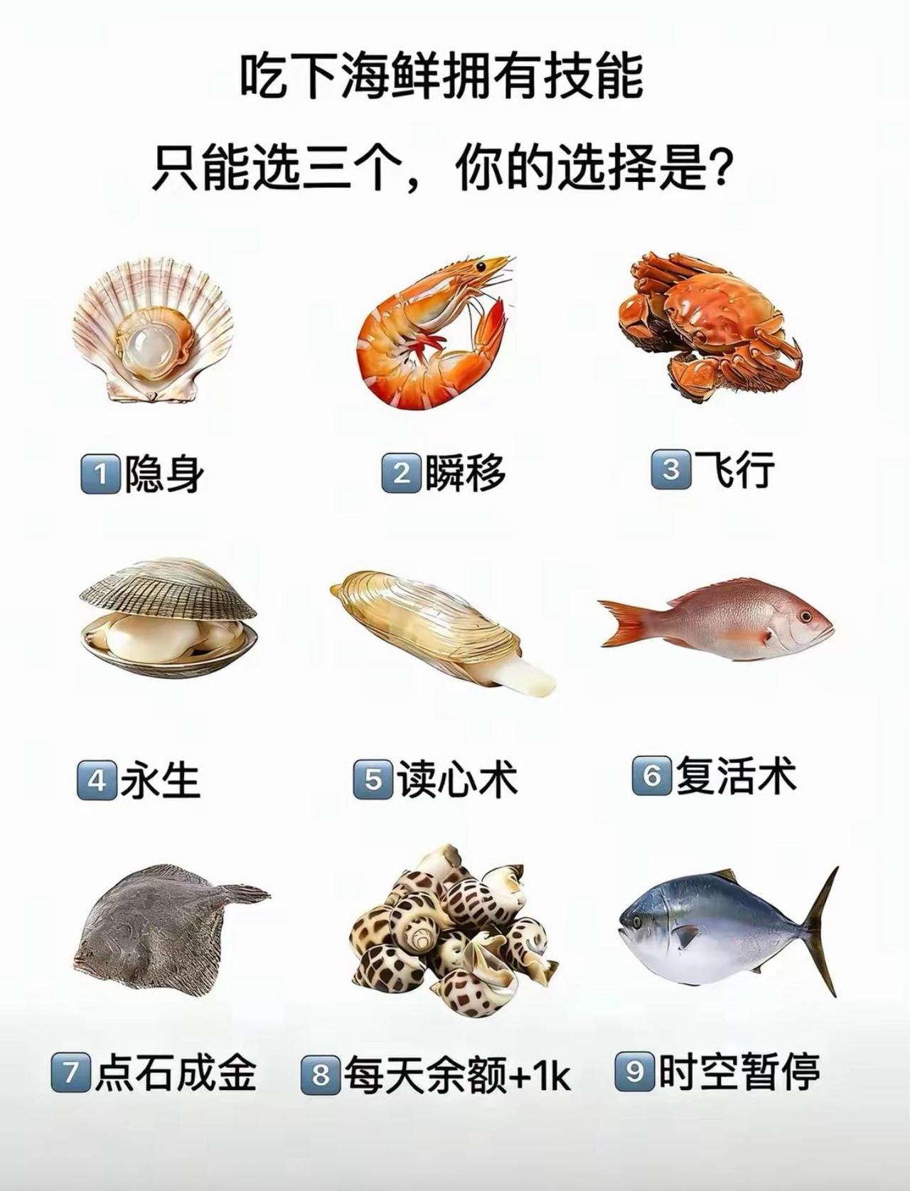 假如吃海鲜就能解锁技能，但只能选择其中三种，你会怎么选？