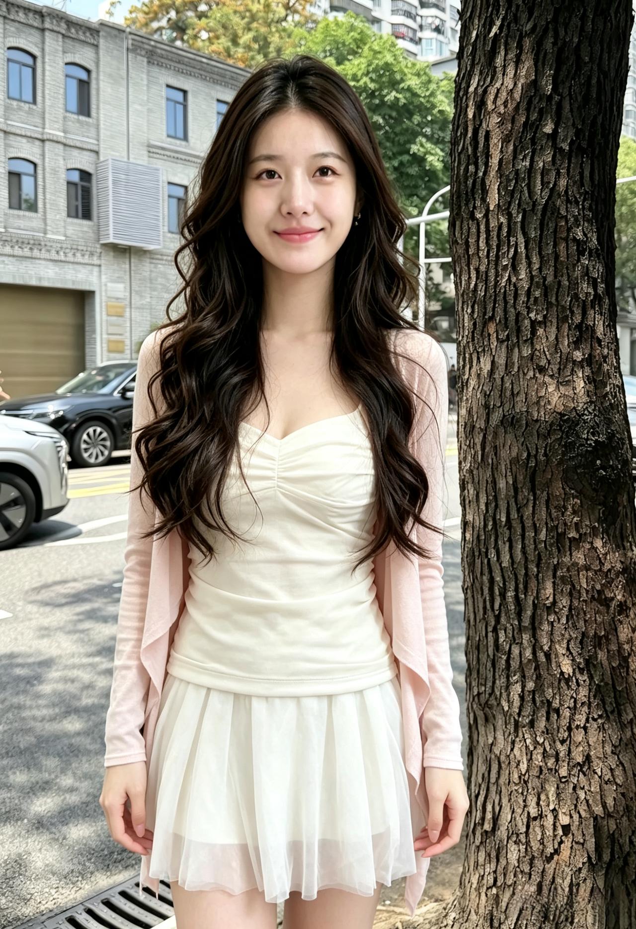 粉衫白袂立晴光，卷发如云衬淡妆。一笑便教春色软，街前风过也含香。