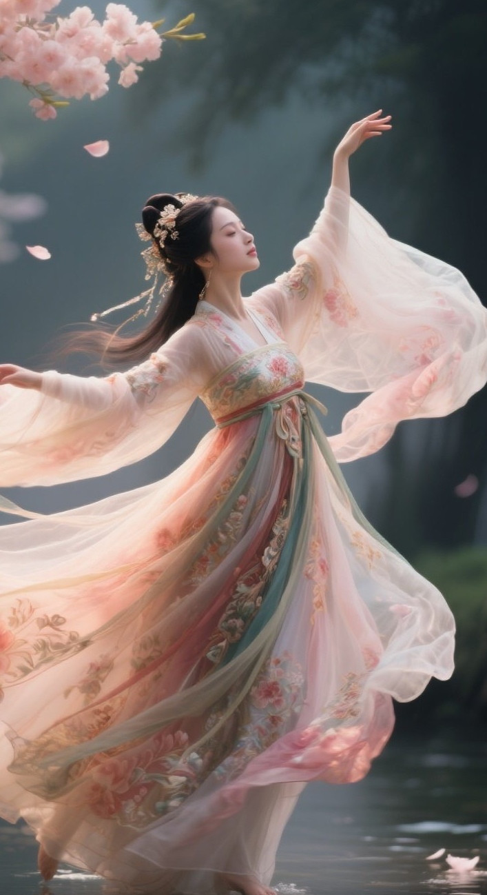古典美人舞翩跹，玉足轻点水云间