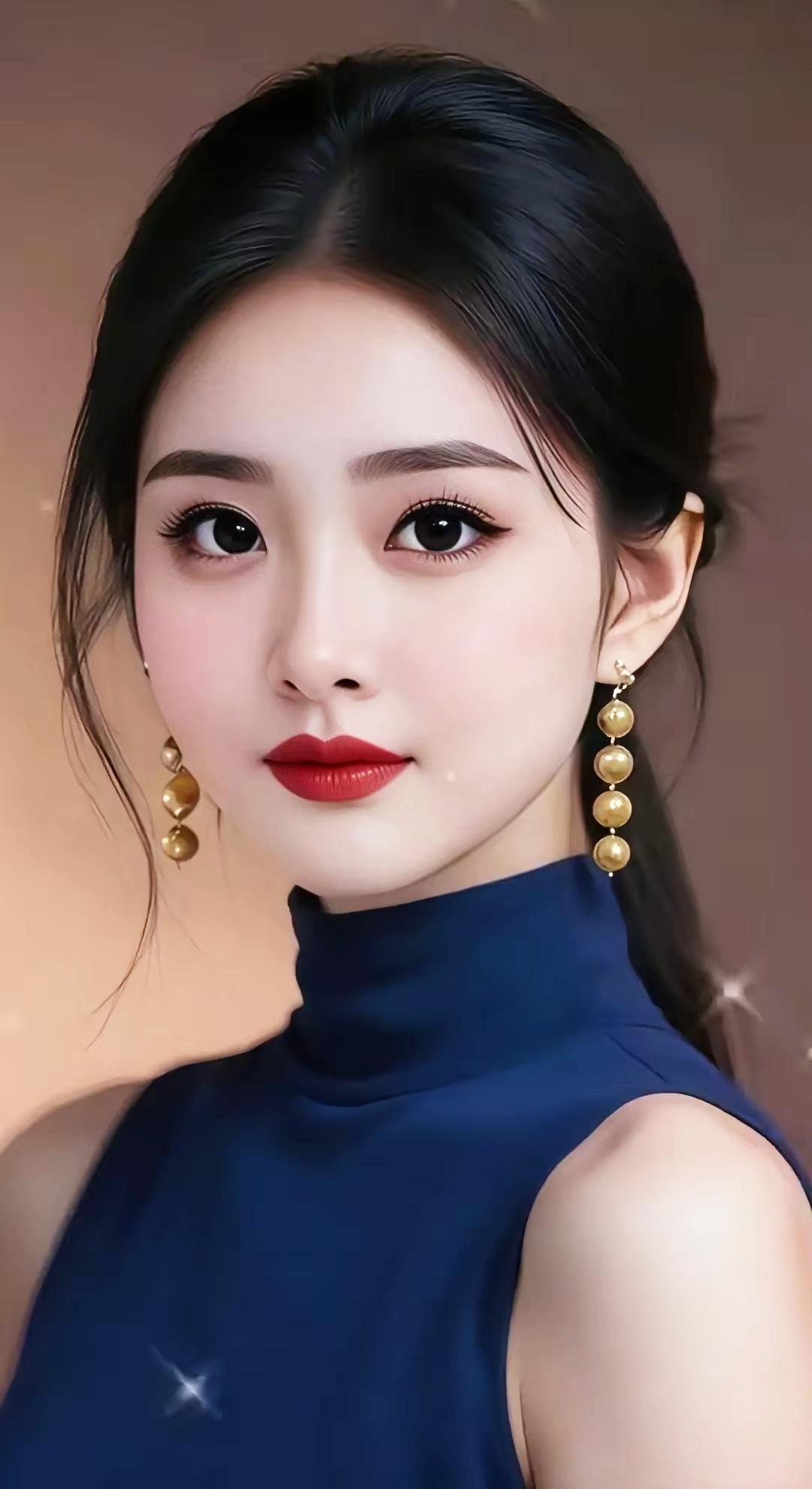 优雅红唇，闪耀耳环，蓝衣美人，气质非凡