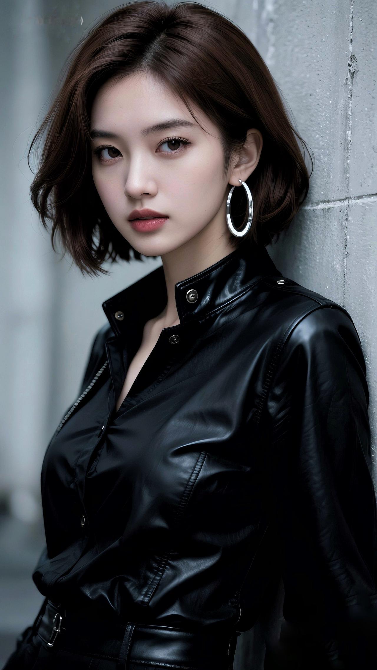 棕褐短发微卷垂落，大银环耳饰闪亮。黑皮衣领口金属扣点睛，露锁骨添酷感。眸沉静藏星