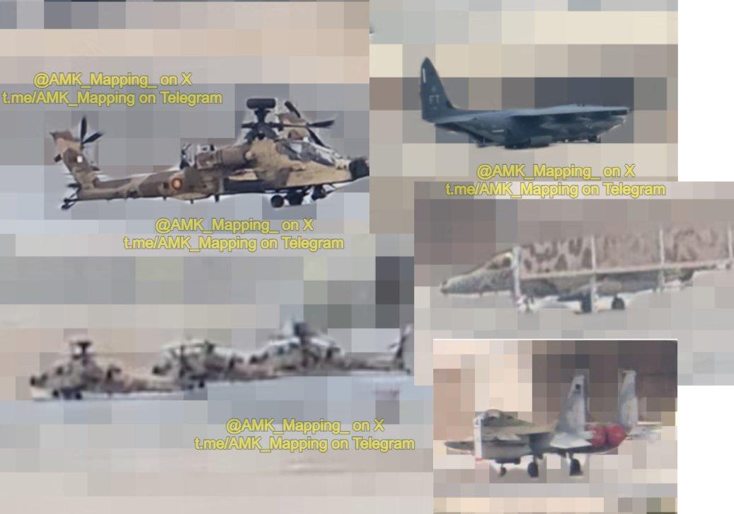 目前驻扎在卡塔尔多哈空军基地的部分军用飞机，画面中可见2架F-15战斗机、4架A
