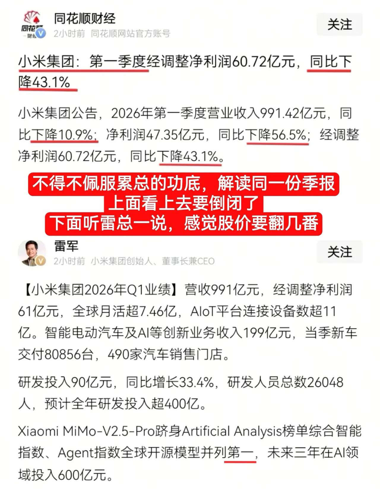 不得不佩服累总[赞]暴跌35%依然卖爆了、各种第一[呲牙笑]小米