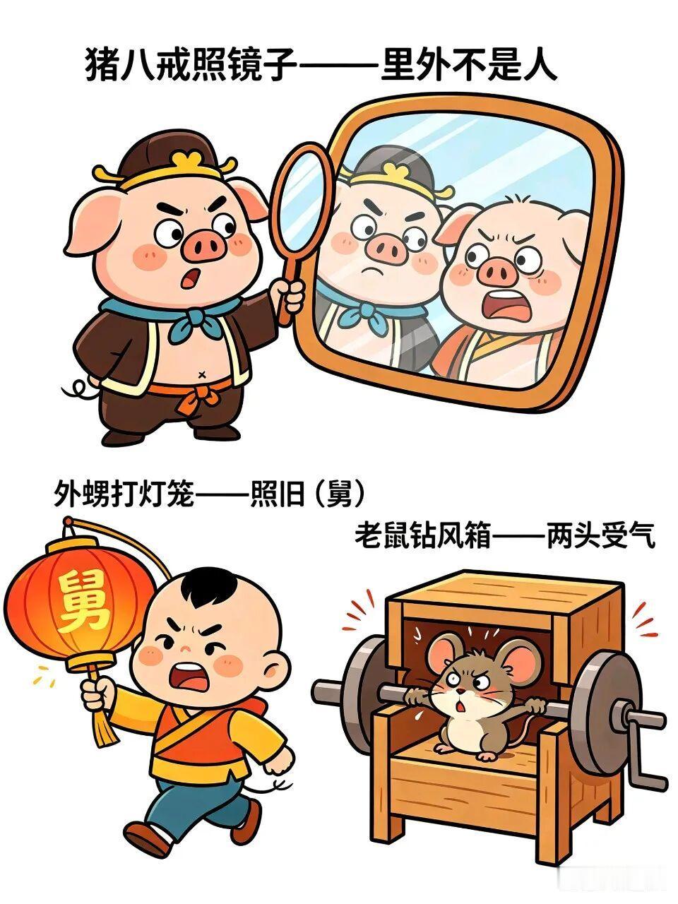 1、狗咬皮影子——没一点人味2、鸡蛋炒鸭蛋——混蛋3、八仙桌上摆夜壶——不是