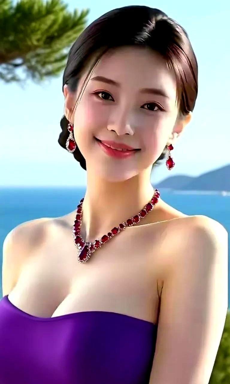 她站在海边，紫色抹胸裙把腰线掐得刚刚好，红宝石项链坠在锁骨中间晃着细碎的光。
