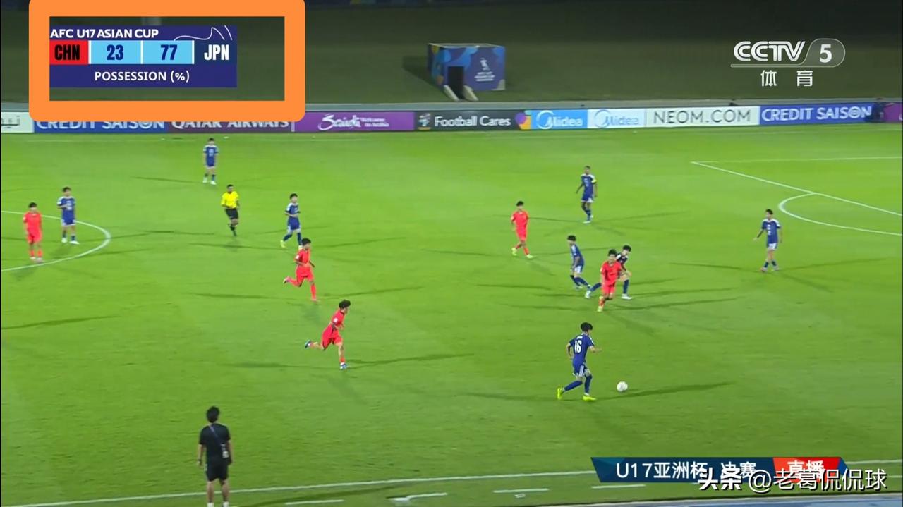 中国U17男足的控球率真是太低了！在今天进行的中国队和日本队的U17亚洲杯决赛中