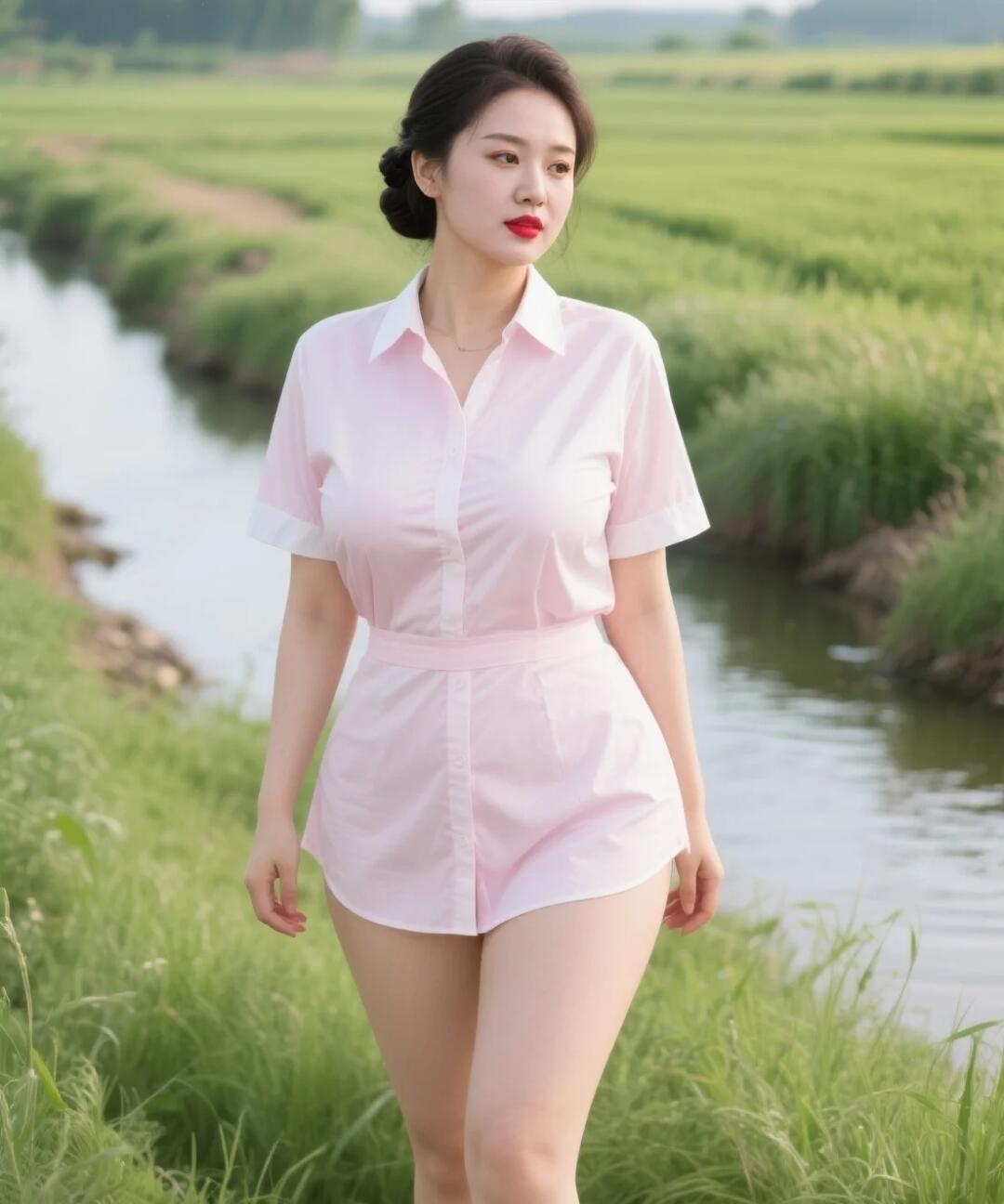 温柔的时光浅粉色衣衫融入田园，像从云朵裁下的一抹甜。她漫步在溪流畔，稻浪轻晃，