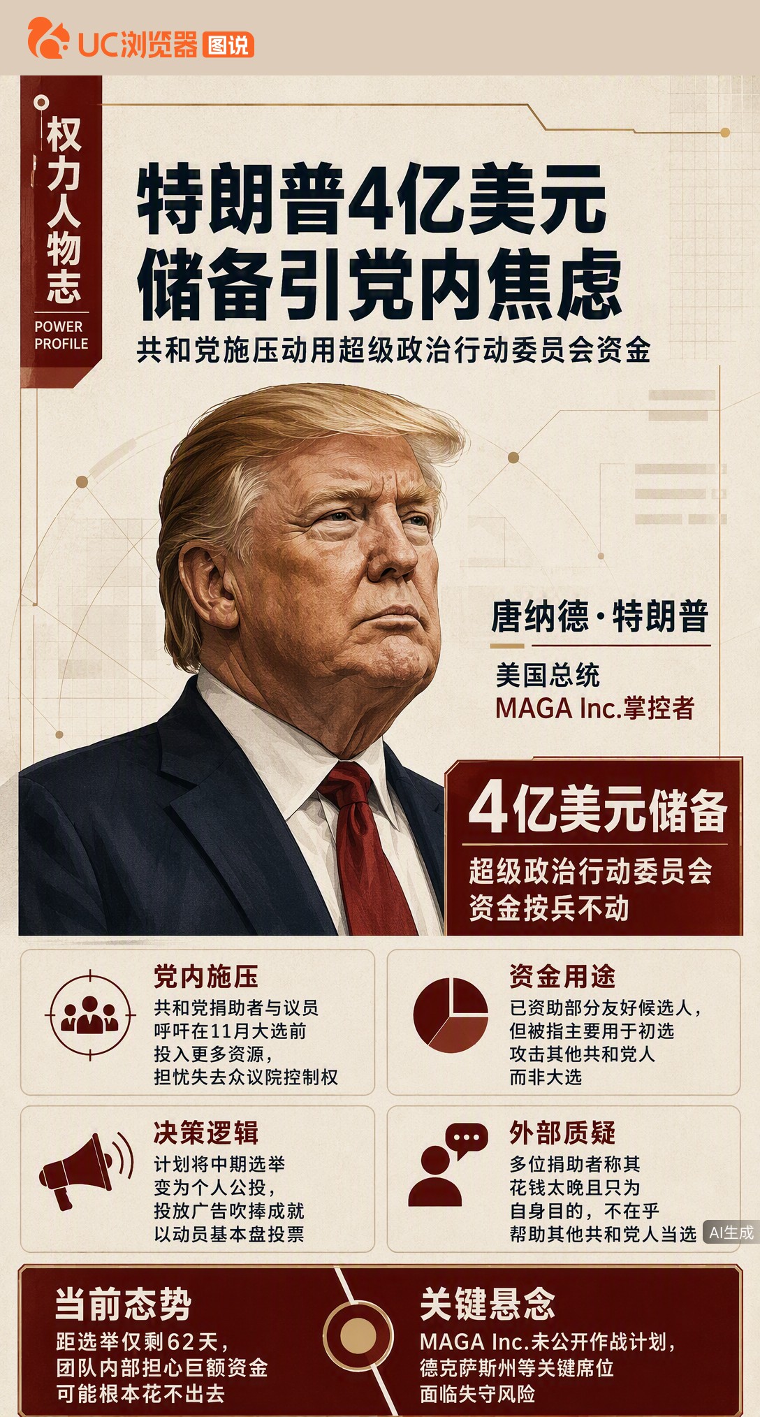 共和党选情告急，党内催特朗普动用4亿美元储备金救场。但他想把选举变成个人公投，身边人担心钱花不出去，