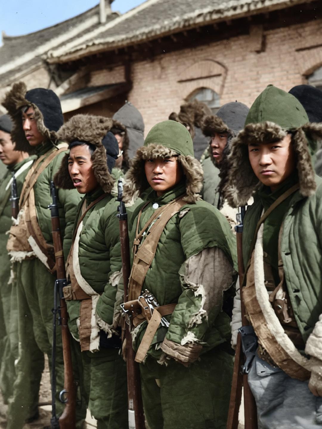 这是东北义勇军部队集结时的留影，战士们裹着破旧臃肿的棉服，头戴带毛边的防寒帽，衣