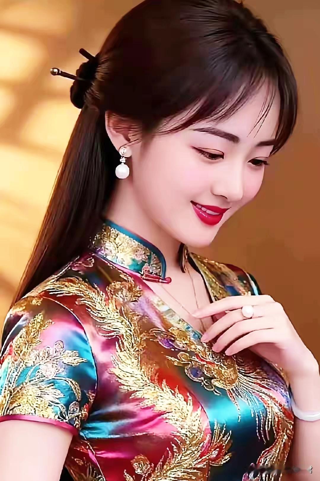 这位美女穿着华丽的旗袍，真漂亮！