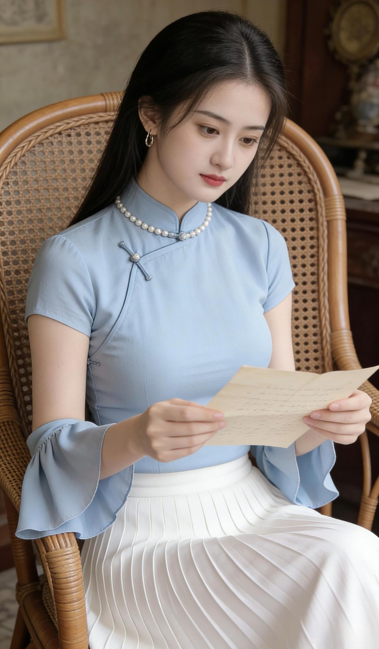 优雅蓝裙少女，静坐藤椅，手捧信笺，岁月静好。