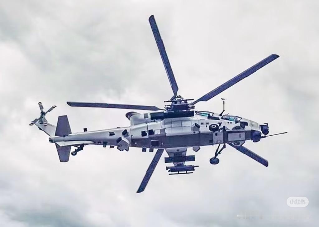 再来看一下这张白色涂装的直-10最新型号图片。在机身下半部分，向四个方向安装了四