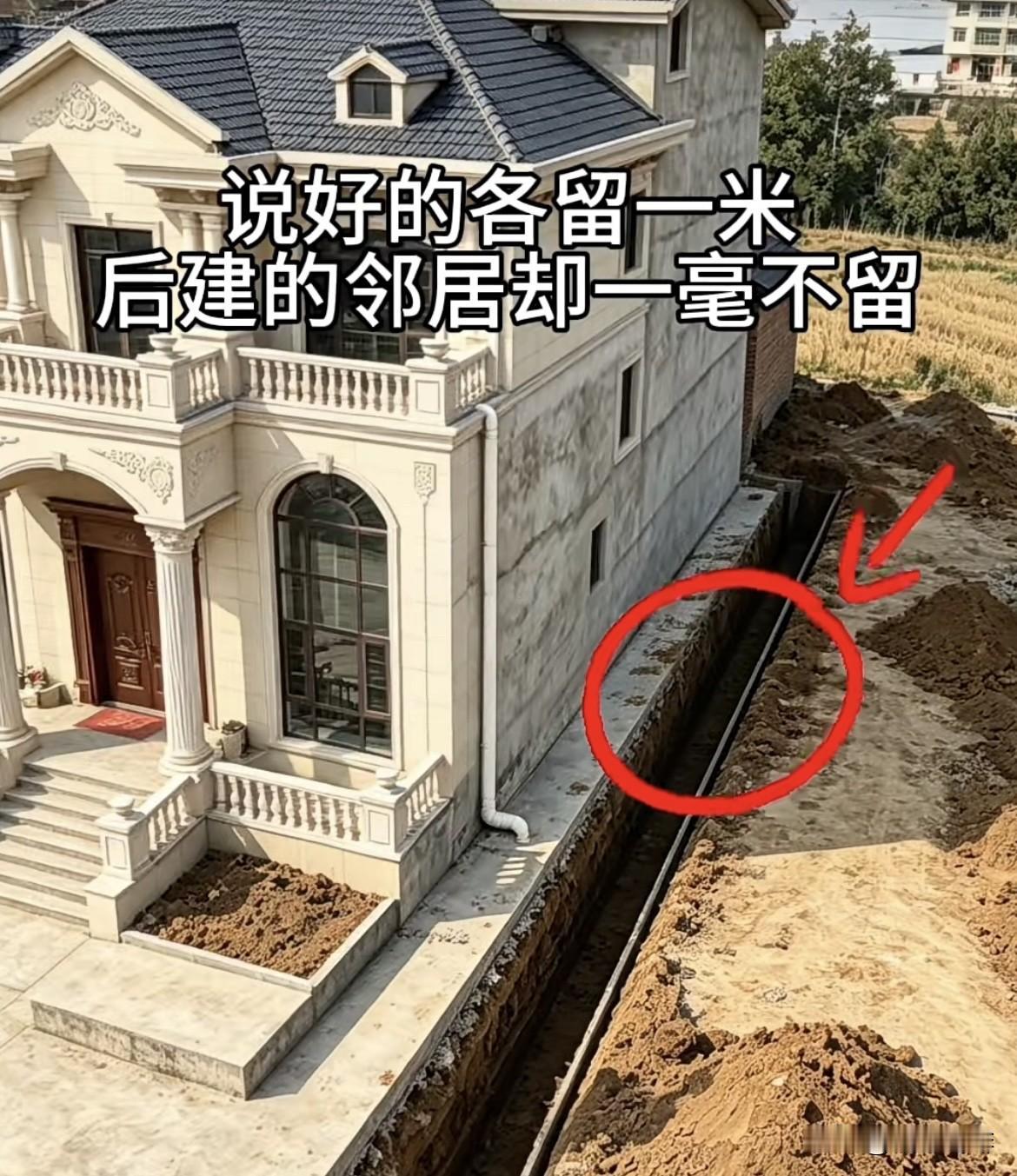 说好的各留一米滴水，后建的邻居却一毫不留。下大雨怎么办呢⁉️这该如何好呢⁉