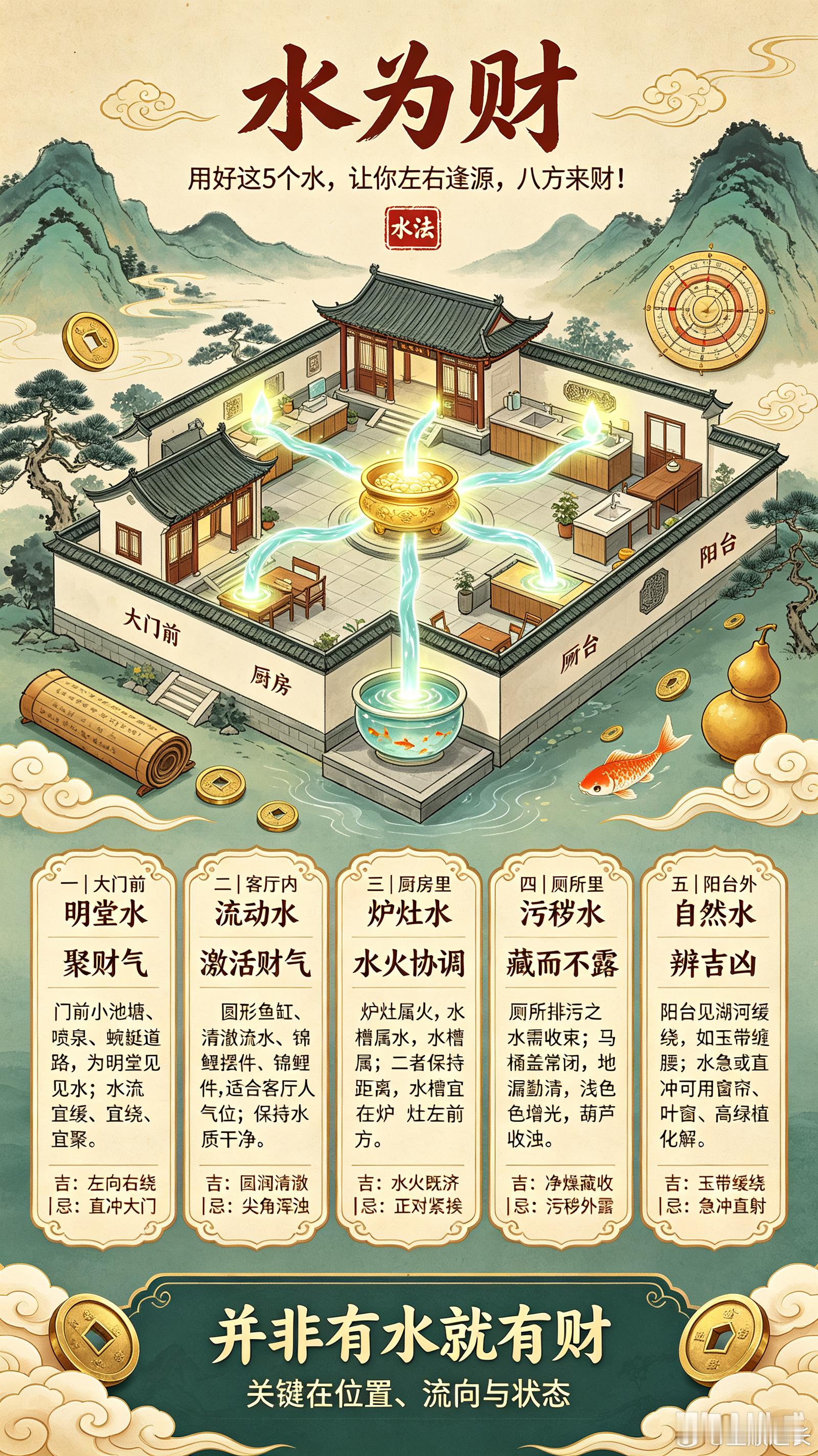 “水为财”：用好这5个水，让你左右逢源，八方来财！在传统堪舆学中，“水”主财。家中不同的“水”各有讲