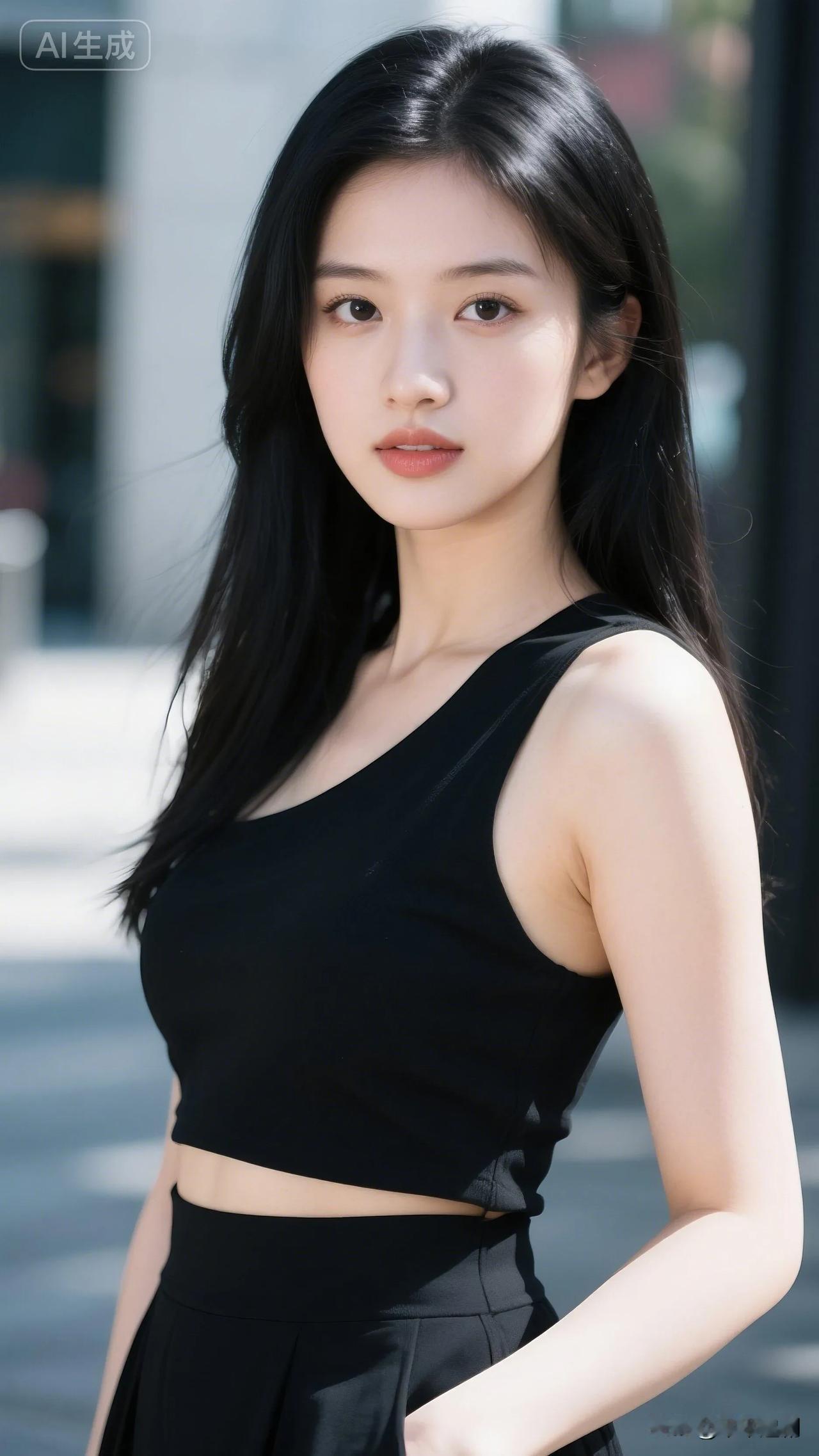 斜肩黑衫搭配高腰裙装，利落剪裁衬出清冷气质，在街头暖阳里，把酷飒与温柔都揉进了穿