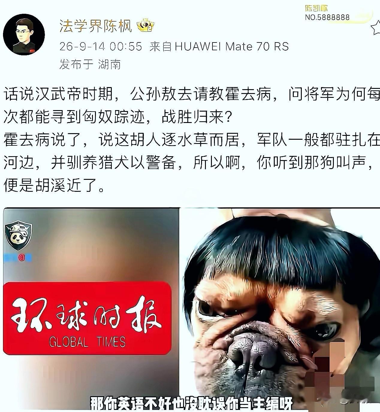 胡锡进这回算是遇上硬茬了。陈枫这招玩得是真绝，一句“胡人逐水草而居，驯养猎犬