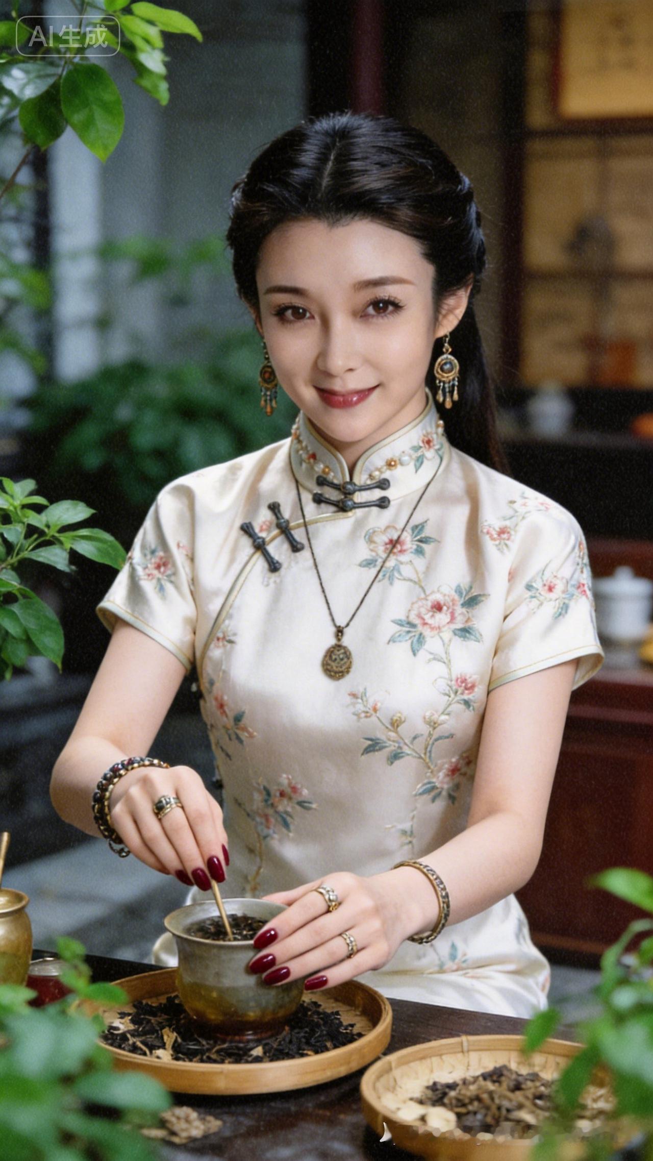 一位女士在泡茶，穿旗袍，戴耳环。
