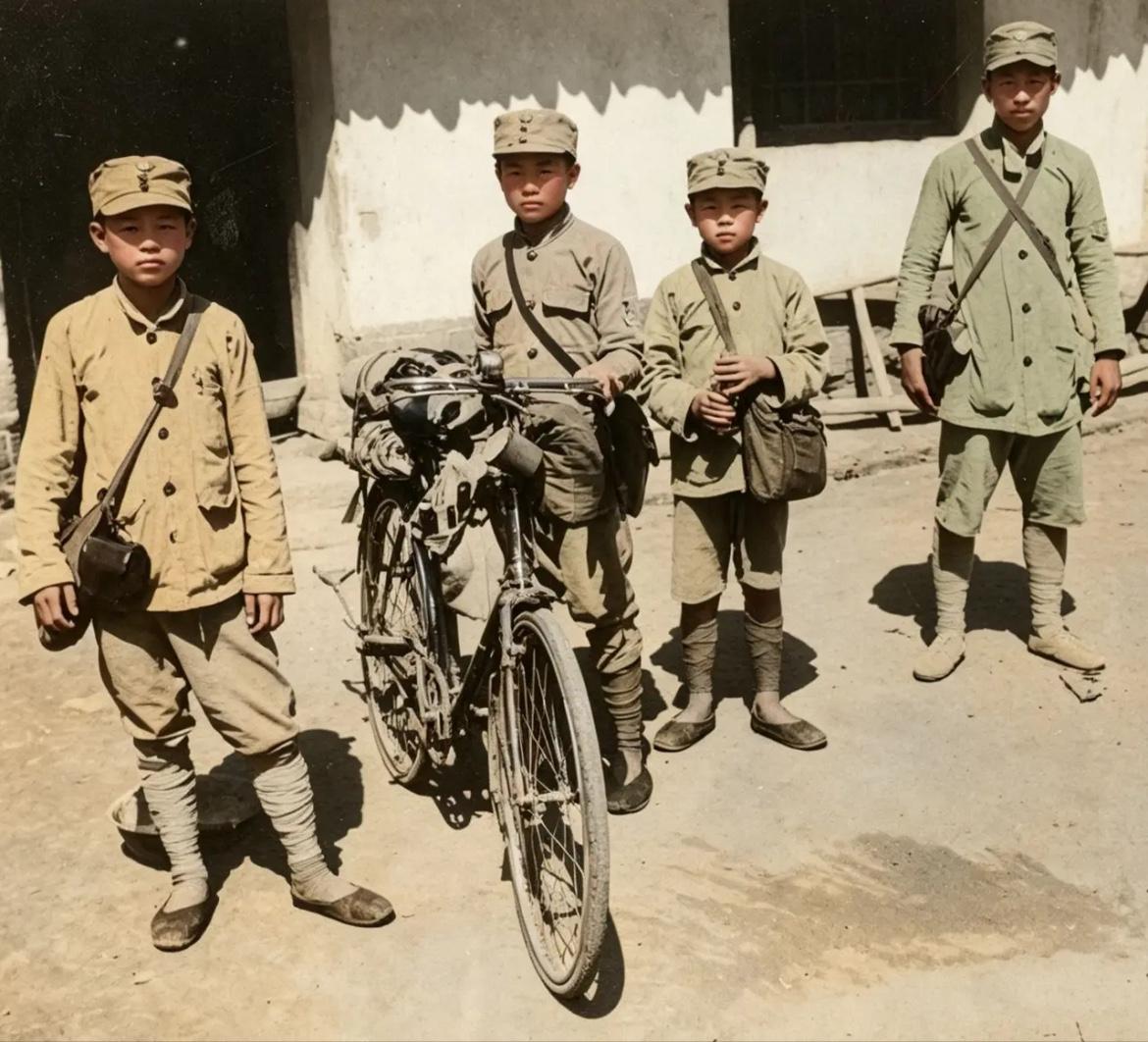 1943年，晋察冀根据地4位八路军通信班小战士的合影，他们其实平均年纪就是十来岁