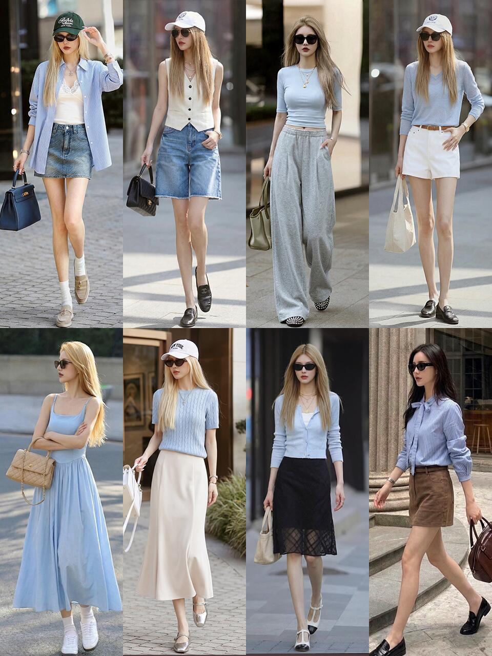 蓝色穿搭太温柔了，这组直接把松弛感拉满！从条纹衬衫、针织衫到吊带裙，低饱和蓝调自
