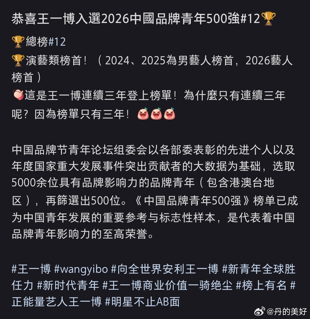 2024、2025男艺人榜首，2026艺人榜首！！王一博三个字的含金量还在上升！