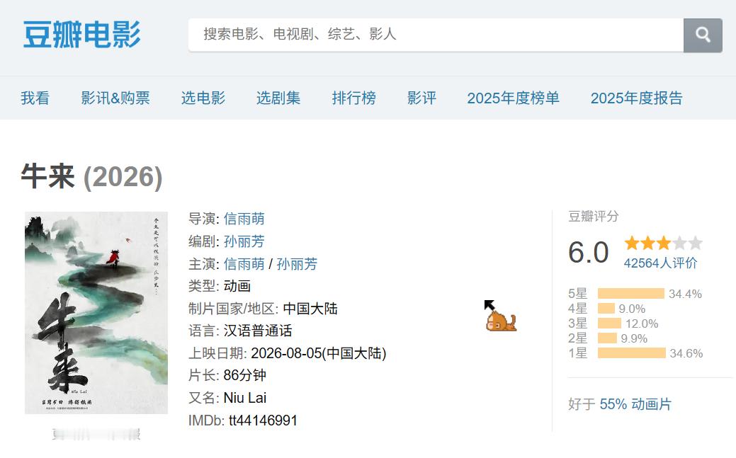 牛X！牛来豆瓣评分涨到6.0！及格啦！！恭喜~~今天票房收获249.7万元！累计