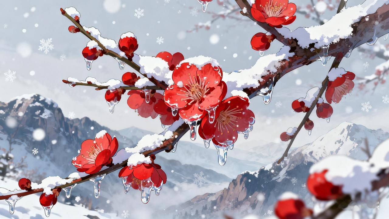 续梅雪情诗梅花爱雪雪不知，开在雪中做情痴，放心碎落3000瓣，犹抱寒