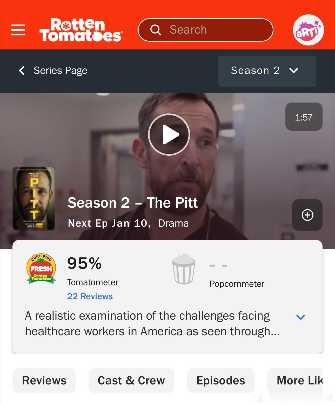 《匹兹堡医护前线》第二季烂番茄新鲜度95%，与第一季持平，1月8日首播