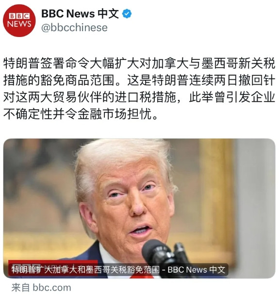 BBC中文网今天（3月7日）报道：“特朗普签署命令大幅扩大对加拿大与墨西哥新关税