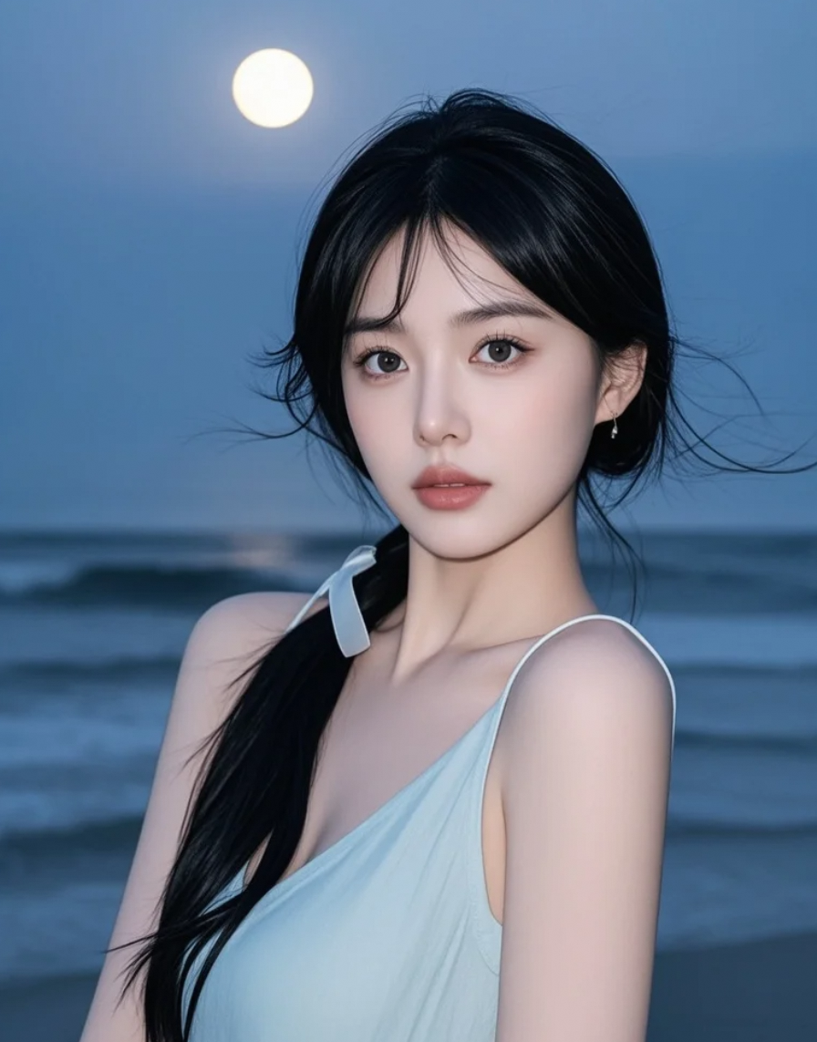 美女夜游沙滩，月光与海浪交织的浪漫时刻