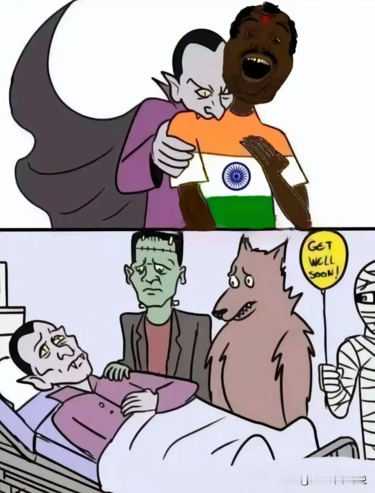印度人被吸血的漫画太搞了，这是我见过印度被黑的最惨的一次。漫画上一只吸血鬼从背后