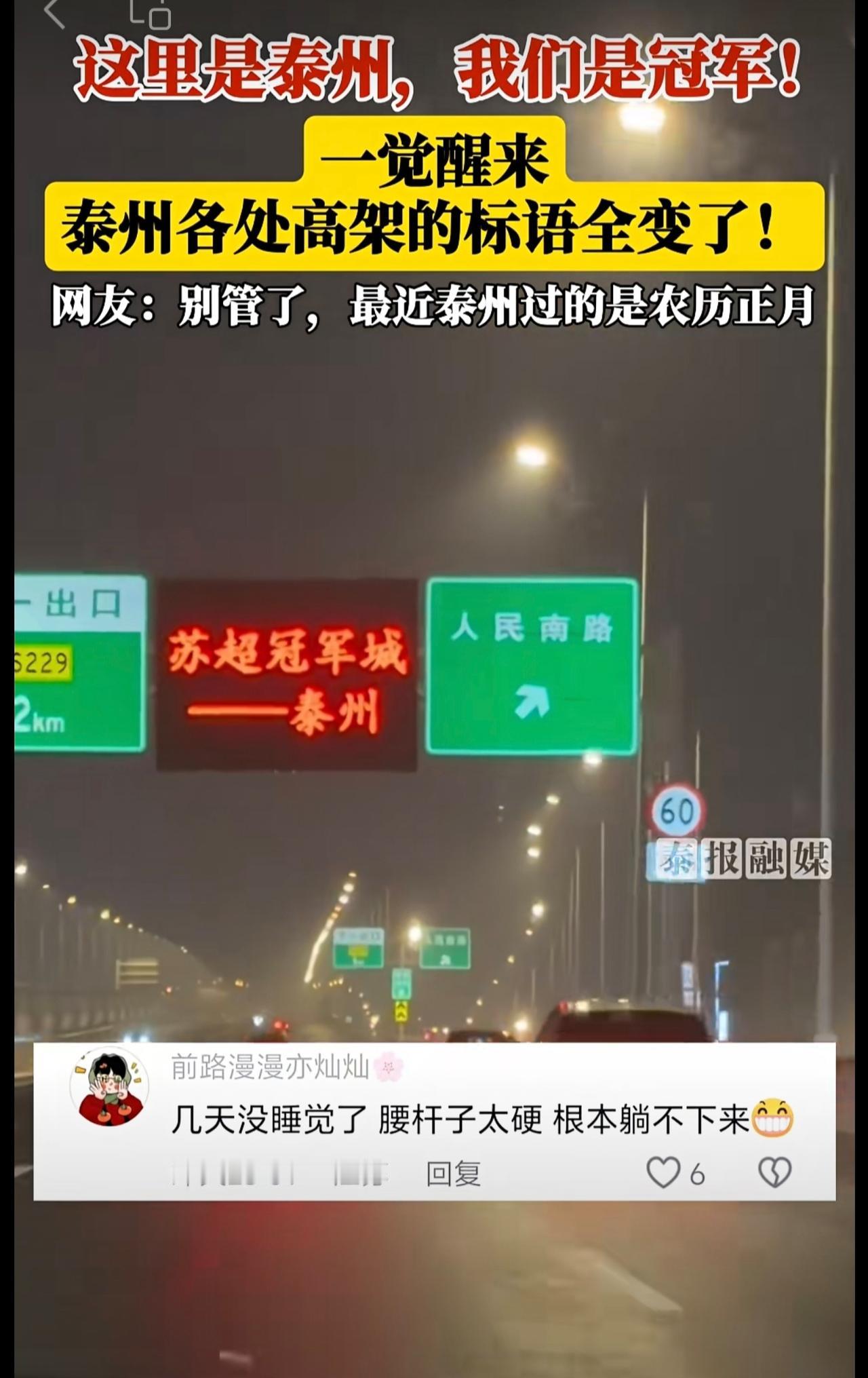 这里是泰州，我们是冠军！一觉醒来，泰州各处高架的标语全变了！你拍到了吗？泰州江