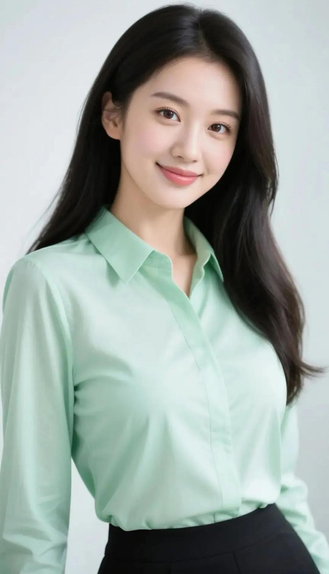温柔职场风，浅绿色衬衫搭配黑色裙子，清新自然，元气满满！🌿💼