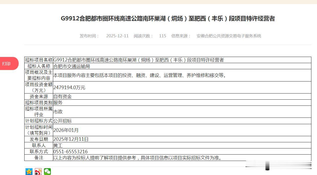 G9912合肥都市圈环线高速公路南环巢湖（烔炀）至肥西（丰乐）段项目特许经营者！