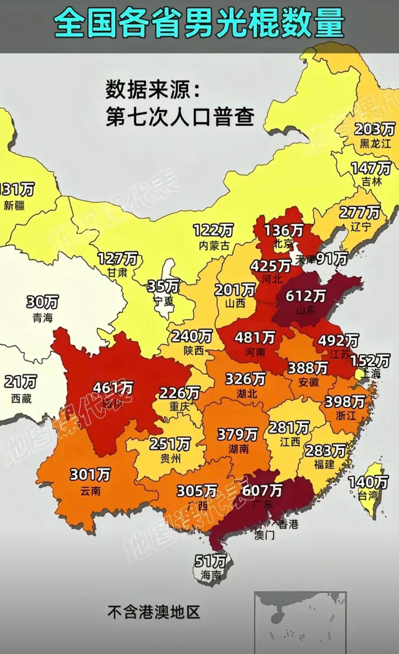 看完这张光棍地图瞬间懂了，山东、广东直接领跑全国，六百多万单身男同胞原地抱团。