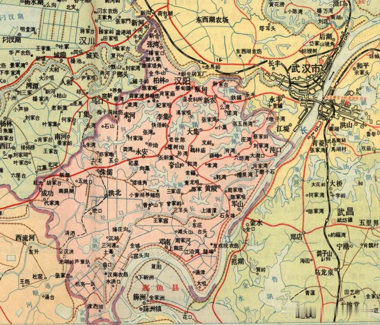 1978年湖北省汉阳县地图。当时的汉阳县是湖武汉市下辖县，位于汉水与长江汇流的三