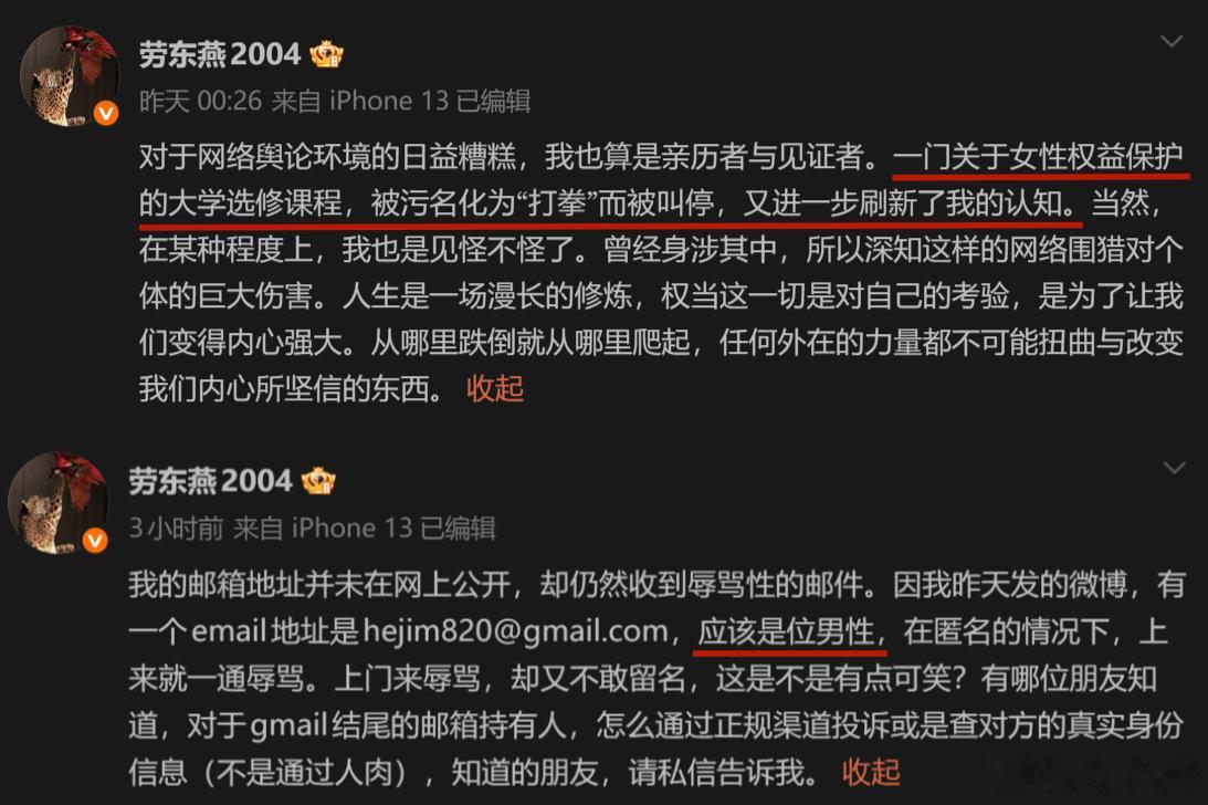 清华大学教授劳东燕下场声援北理工教授裴轶后，她今天又自称：有“应该是男性”的人给她发邮件。此前博主表